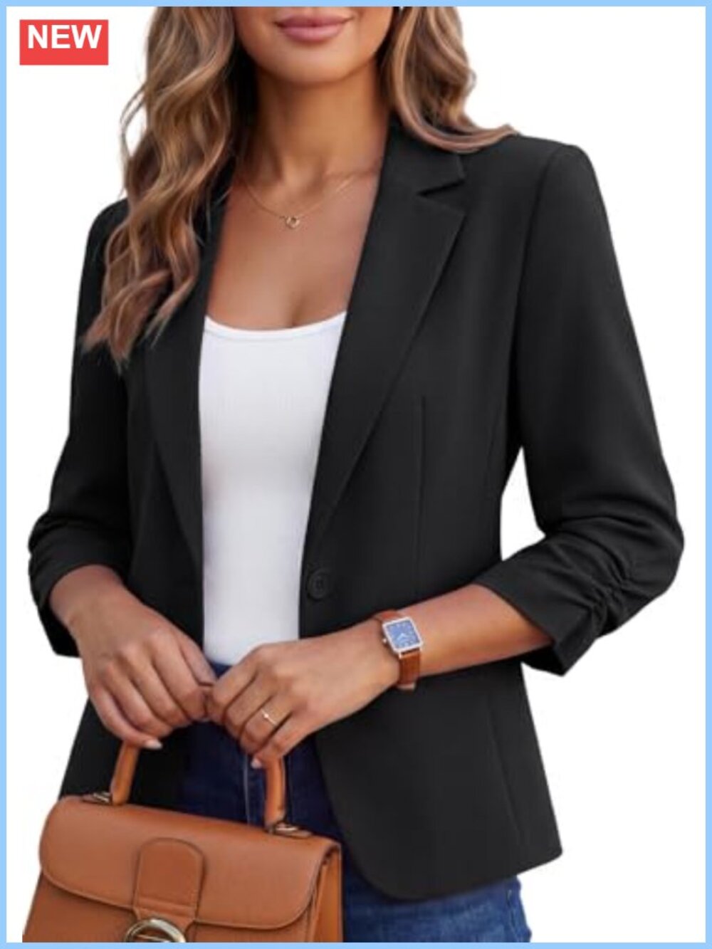 Women's 3/4 Sleeve Slim Fit Blazer Notched Lapel Ruched Sleeves Work Suit Jacket